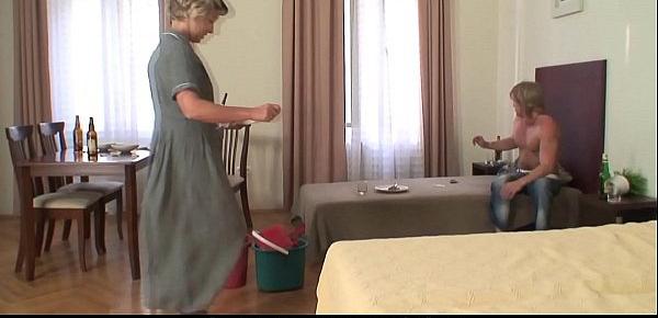  Old cleaning woman takes his horny cock from behind